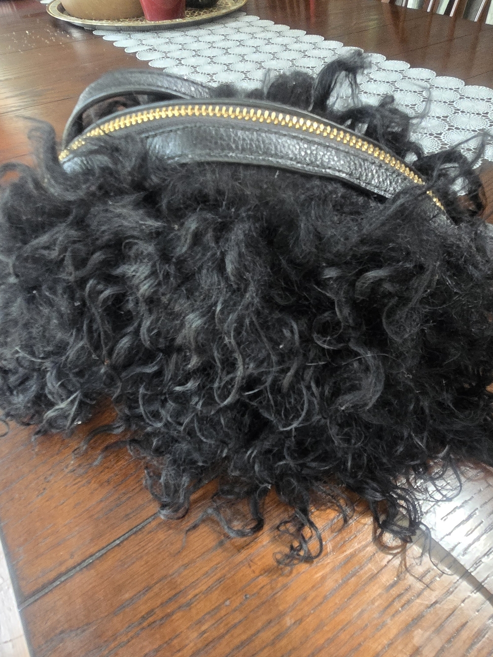 UGG Mongolian Fur Pom Pom Curly Crossbody Handbag Purse Black $175